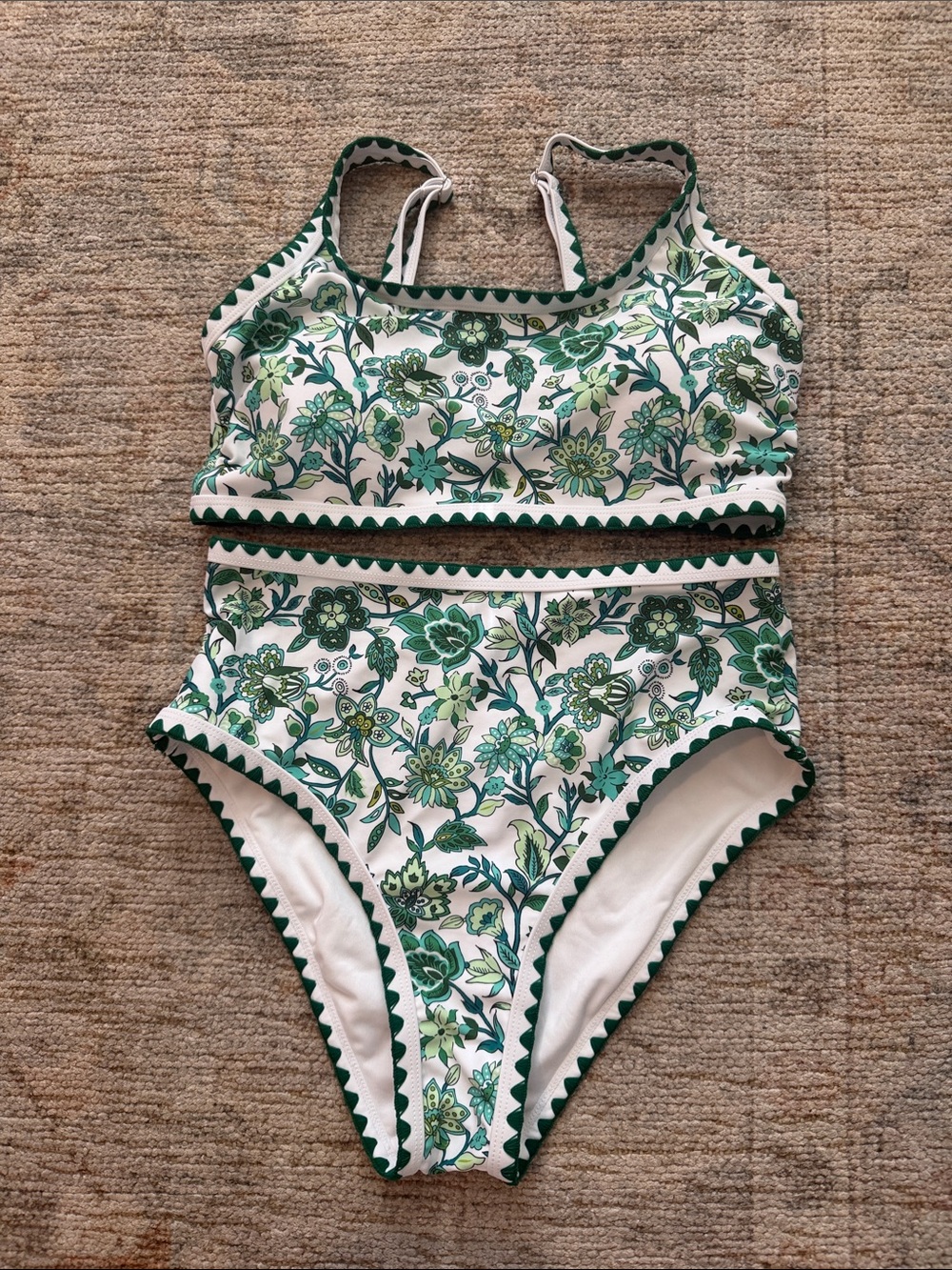 Green Floral Two-Piece high waisted Swim Set